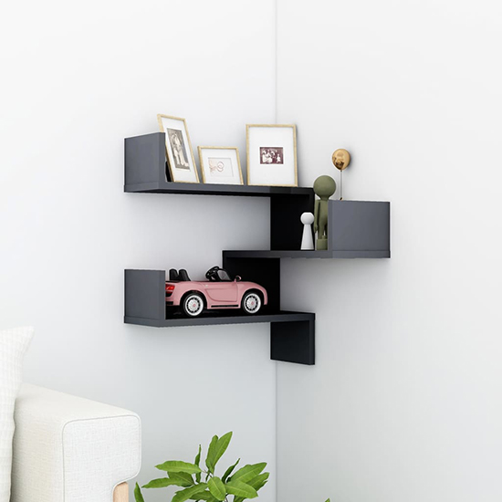 Product photograph of Tasya High Gloss Corner Wall Shelf In Grey from Furniture in Fashion