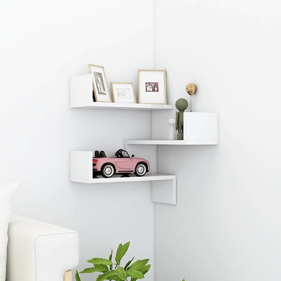 Read more about Tasya high gloss corner wall shelf in white