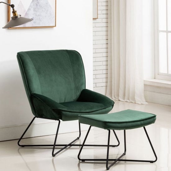 Product photograph of Teagan Velvet Upholstered Accent Chair In Green With Footstool from Furniture in Fashion