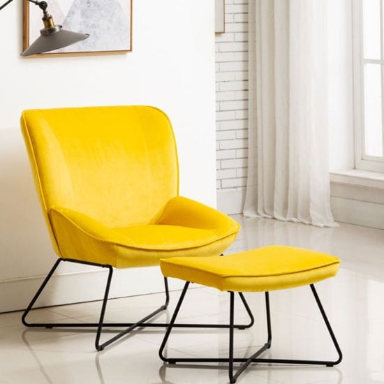 Read more about Teagan velvet upholstered accent chair in ochre with footstool