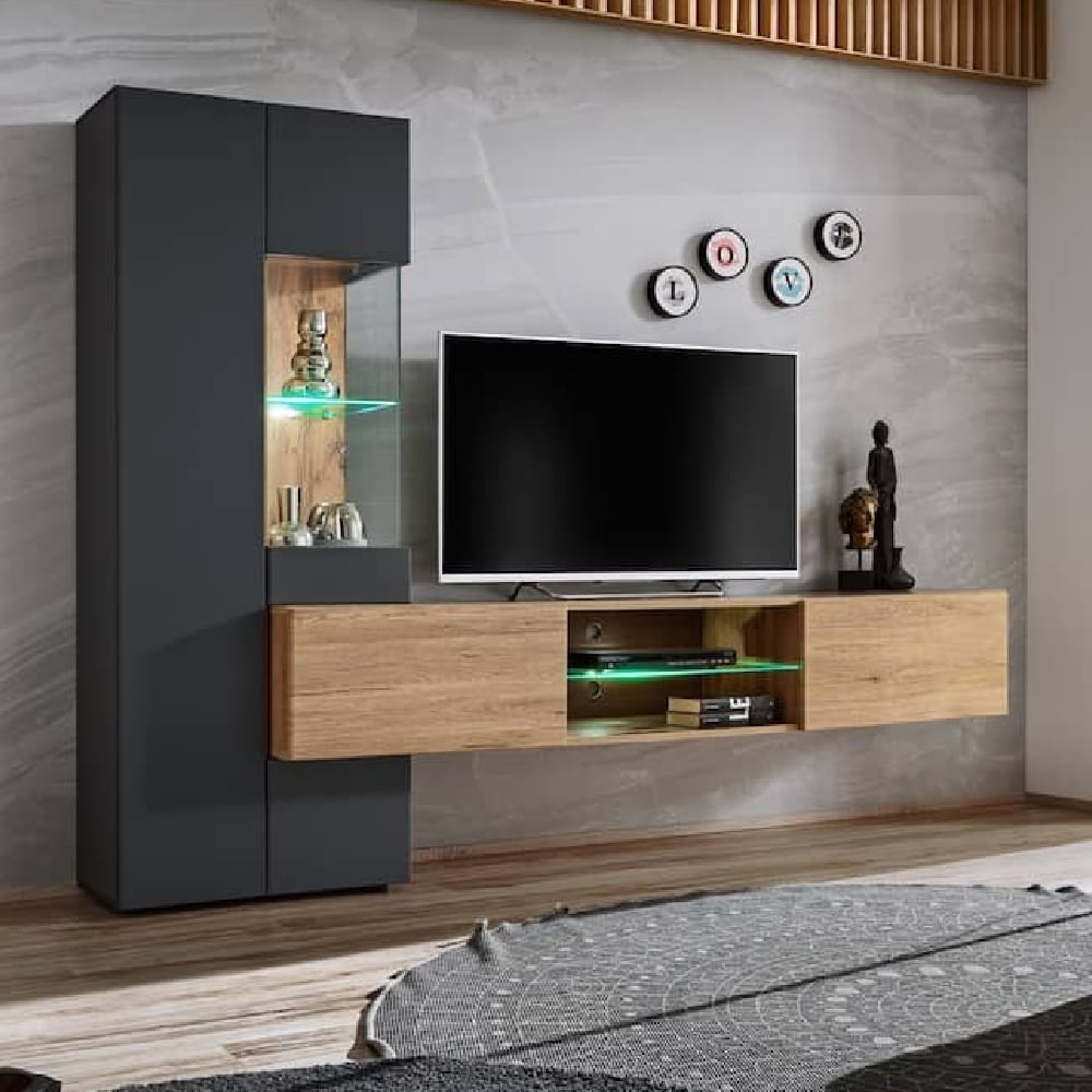 teaneck wooden entertainment unit in wotan oak and anthracite