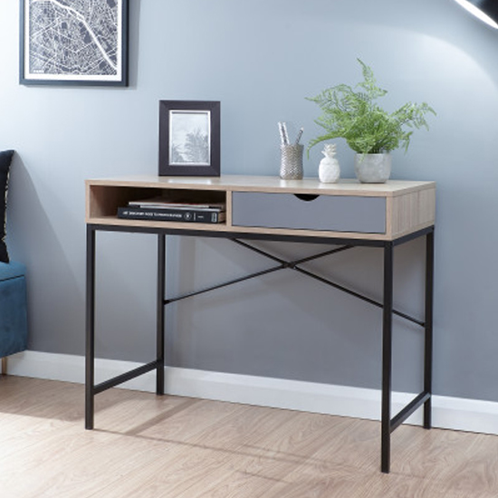 Read more about Thrupp wooden computer desk in light oak and grey drawer