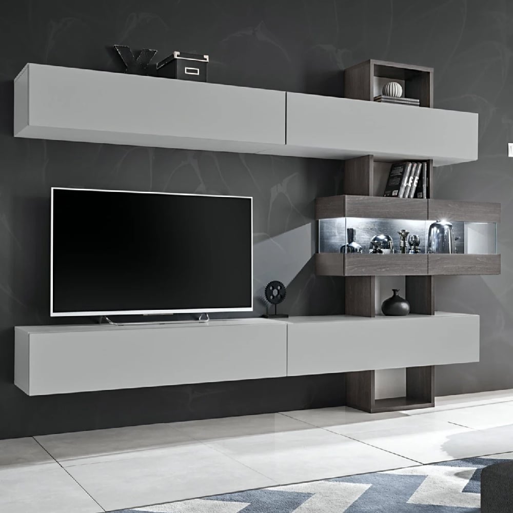 telluride wooden entertainment unit in oak and grey with led