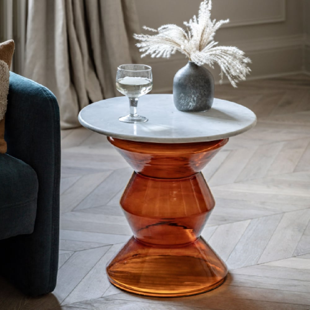 temecula marble round side table in white and orange