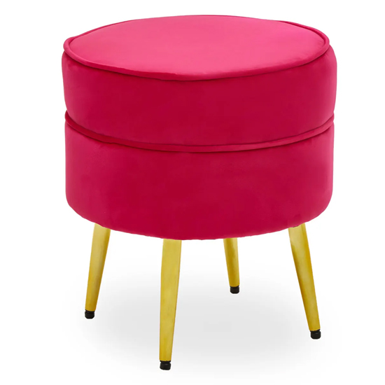 Photo of Teos round velvet foot stool in bright pink with gold legs