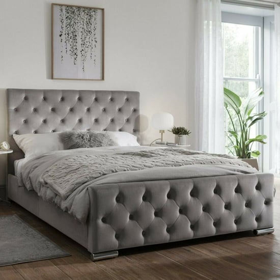 Tetbury Plush Velvet Upholstered King Size Bed In Silver | FiF