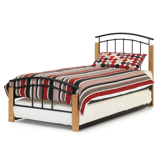 Read more about Tetras metal single bed with guest bed in black with beech post