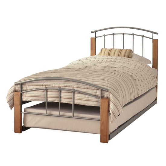 Read more about Tetras metal single bed with guest bed in silver with beech post