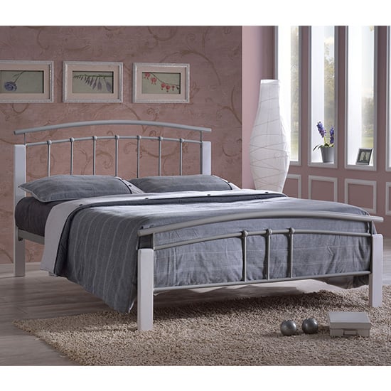 Read more about Tetron metal double bed in silver with white wooden posts