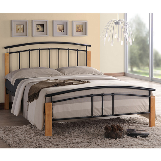Photo of Tetron metal king size bed in black with beech wooden posts