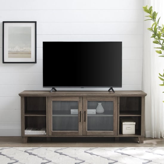 Product photograph of Theodore Wooden Tv Stand With 2 Glass Doors In Grey Wash from Furniture in Fashion