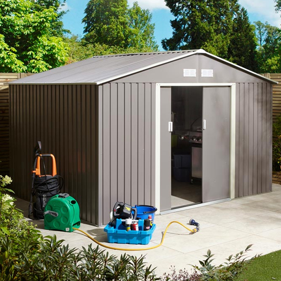 Photo of Thorpe metal 10x8 apex shed in light grey
