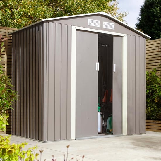 Read more about Thorpe metal 6x4 apex shed in light grey