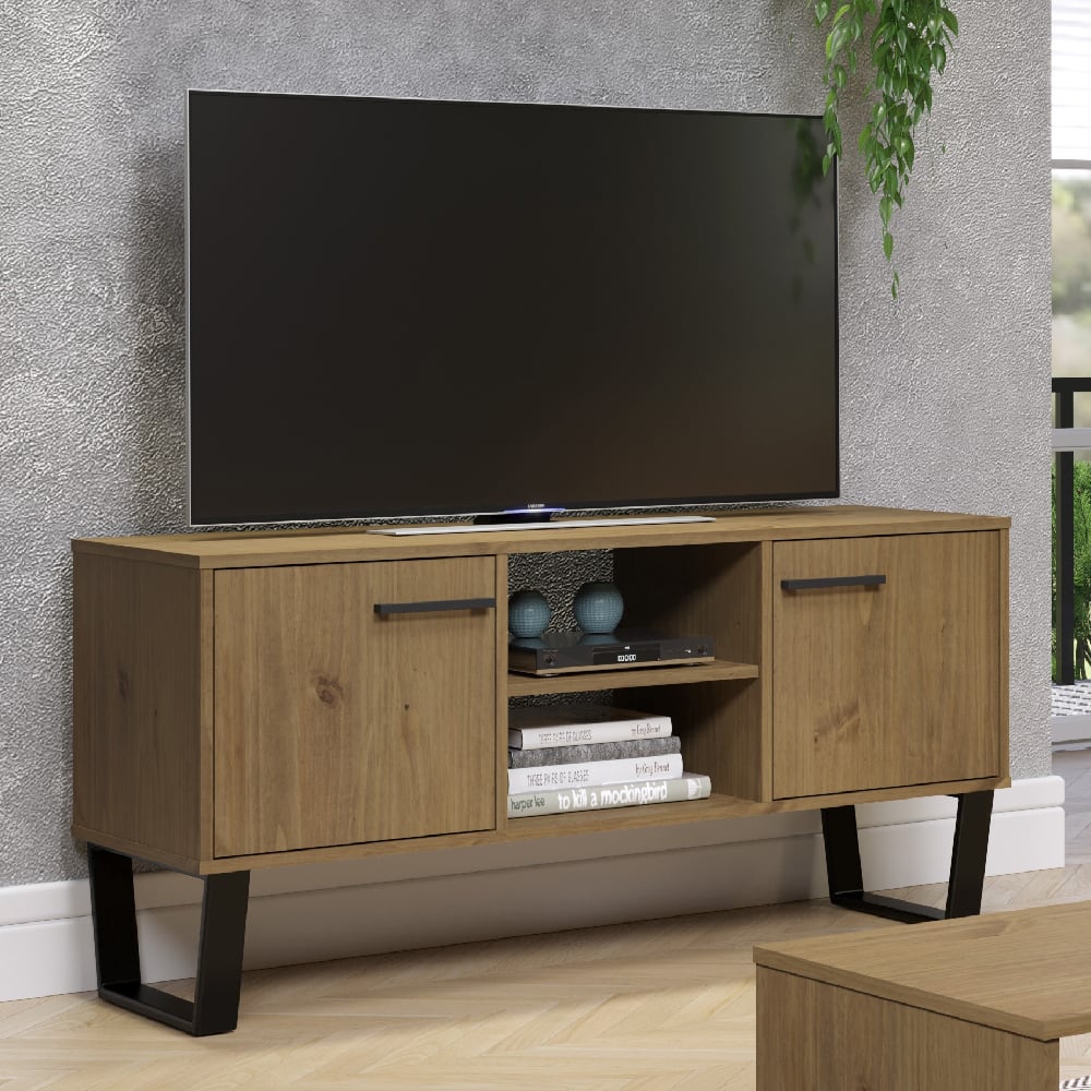 tilston wooden tv stand with 2 doors in oak and black