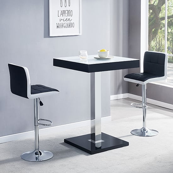 Product photograph of Topaz Glass White Black Bar Table 2 Copez Black White Stools from Furniture in Fashion