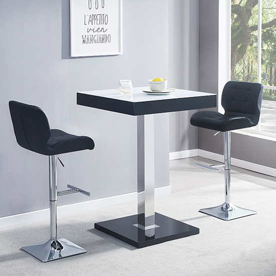 Product photograph of Topaz Glass White Black Gloss Bar Table 2 Candid Black Stools from Furniture in Fashion