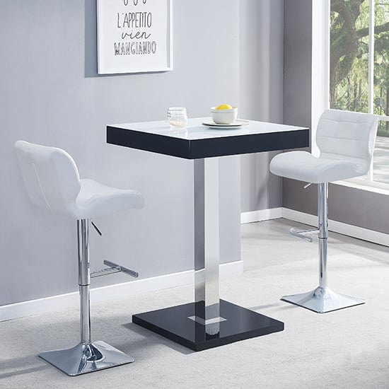 Product photograph of Topaz Glass White Black Gloss Bar Table 2 Candid White Stools from Furniture in Fashion