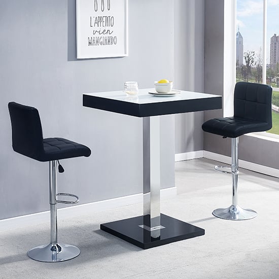 Product photograph of Topaz Glass White Black Gloss Bar Table 2 Coco Black Stools from Furniture in Fashion