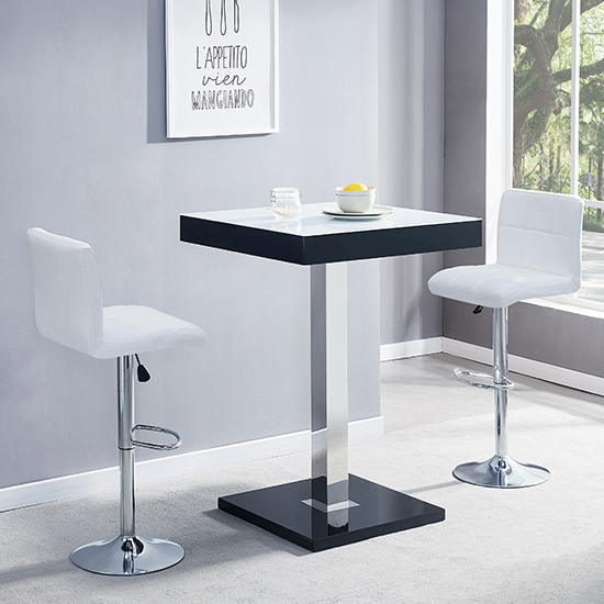 Product photograph of Topaz Glass White Black Gloss Bar Table 2 Coco White Stools from Furniture in Fashion