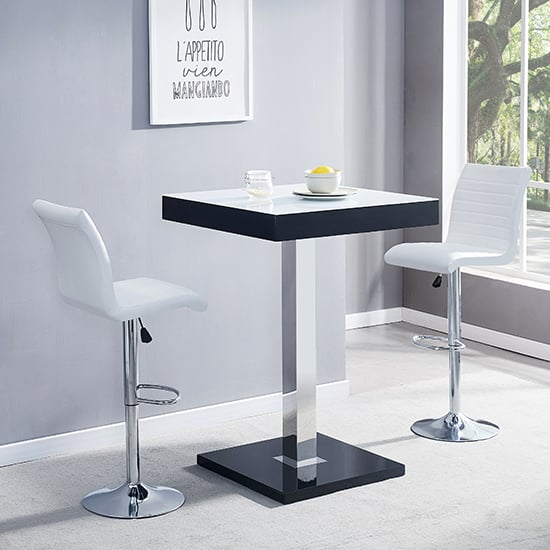 Product photograph of Topaz Glass White Black Gloss Bar Table 2 Ripple White Stools from Furniture in Fashion
