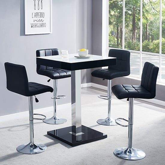 Product photograph of Topaz Glass White Black Gloss Bar Table 4 Coco Black Stools from Furniture in Fashion