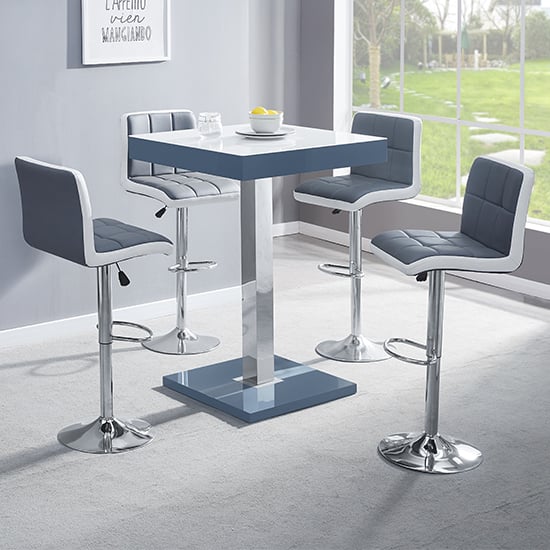 Product photograph of Topaz Glass White Grey Bar Table 4 Copez Grey White Stools from Furniture in Fashion