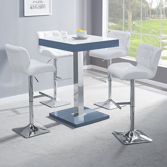 Product photograph of Topaz Glass White Grey Bar Table With 4 Candid White Stools from Furniture in Fashion