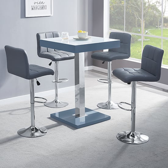 Product photograph of Topaz Glass White Grey Bar Table With 4 Coco Grey Stools from Furniture in Fashion