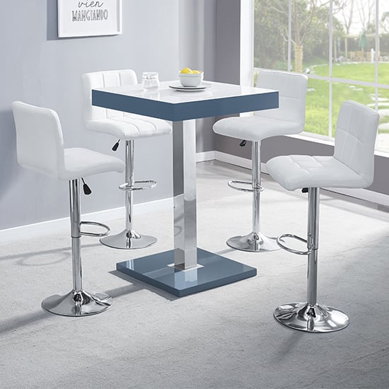 Product photograph of Topaz Glass White Grey Bar Table With 4 Coco White Stools from Furniture in Fashion