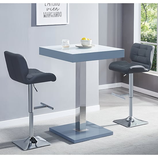 Product photograph of Topaz Glass White Grey Bar Table With 2 Candid Grey Stools from Furniture in Fashion