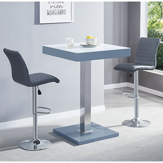 Product photograph of Topaz Glass White Grey Bar Table With 2 Ripple Grey Stools from Furniture in Fashion