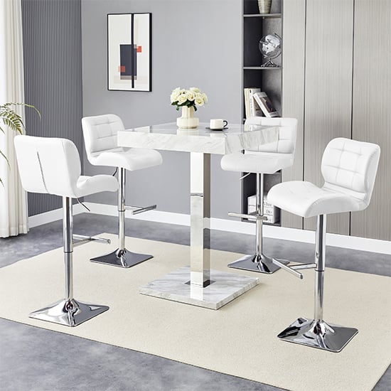 Product photograph of Topaz Magnesia Effect High Gloss Bar Table 4 Candid White Stools from Furniture in Fashion