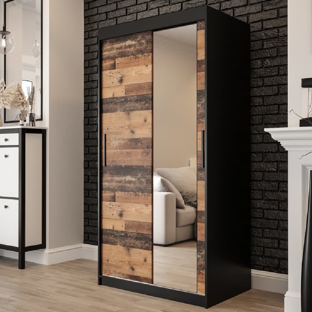 topeka 1 mirrored 100cm wardrobe with 2 sliding doors in dark oak