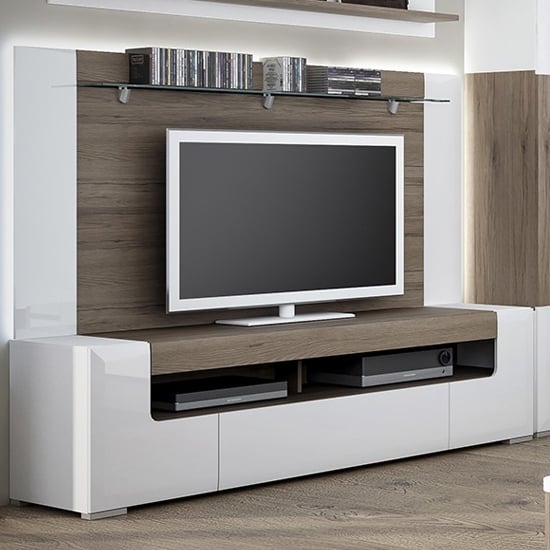 View Tortola wide wooden tv unit in oak and white high gloss