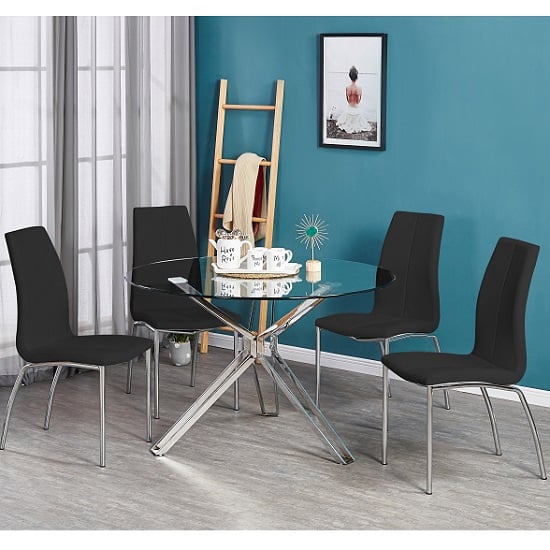 Product photograph of Toulouse Clear Glass Dining Table With 4 Opal Black Chairs from Furniture in Fashion