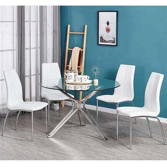 Product photograph of Toulouse Clear Glass Dining Table With 4 Opal White Chairs from Furniture in Fashion