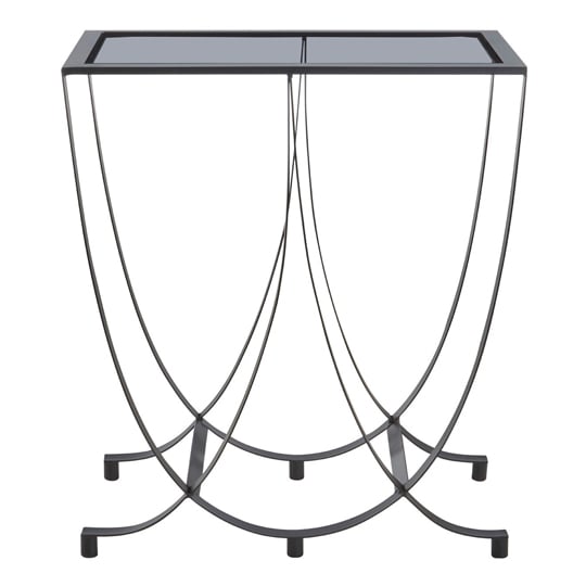 Product photograph of Ruchbah Black Glass Top Side Table With Curved Metal Base from Furniture in Fashion