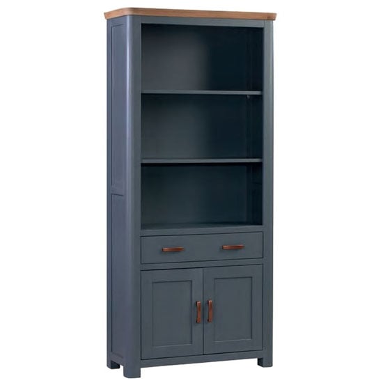Photo of Trevino high wooden bookcase in midnight blue and oak