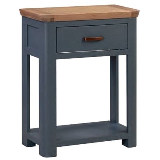 Read more about Trevino small wooden console table in midnight blue and oak