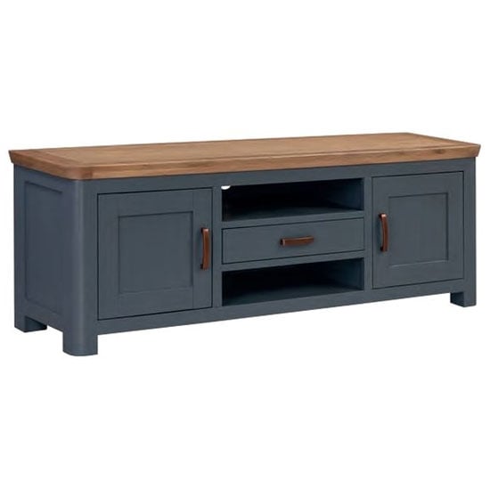 Photo of Trevino wide wooden tv stand in midnight blue and oak