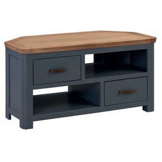 Read more about Trevino wooden corner tv stand in midnight blue and oak