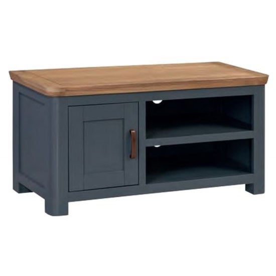 Read more about Trevino wooden tv stand in midnight blue and oak