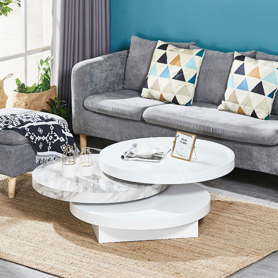 Triplo Rotating Coffee Table In White And Grey Marble Effect ...