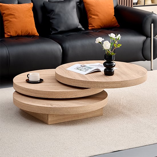 triplo round wooden rotating coffee table in sanremo oak