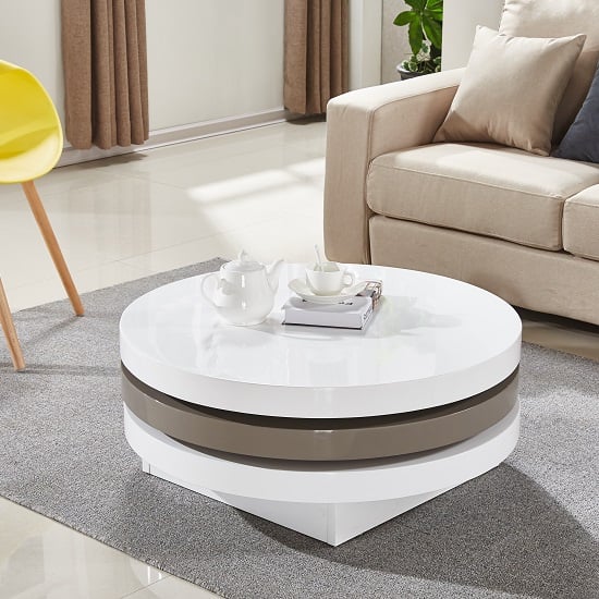Read more about Triplo gloss rotating round coffee table in white and stone