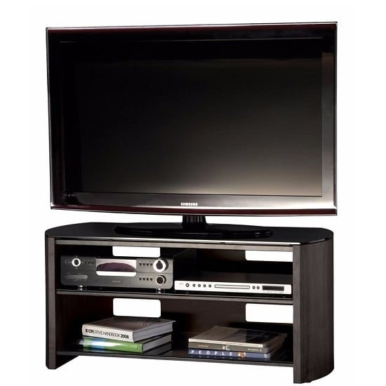 Read more about Flare large black glass tv stand with black oak wooden base