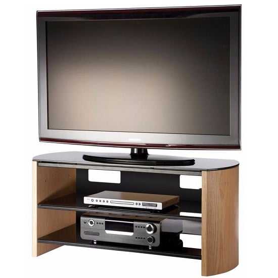 Photo of Flare large black glass tv stand with light oak wooden base