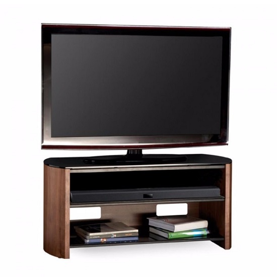 Product photograph of Flore Medium Wooden Tv Stand In Walnut With Black Glass from Furniture in Fashion