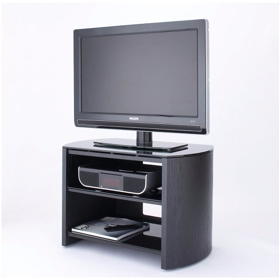 Read more about Flare small black glass tv stand with black oak wooden base