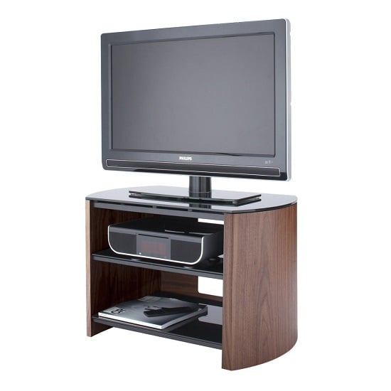 Read more about Flare small black glass tv stand with walnut wooden base